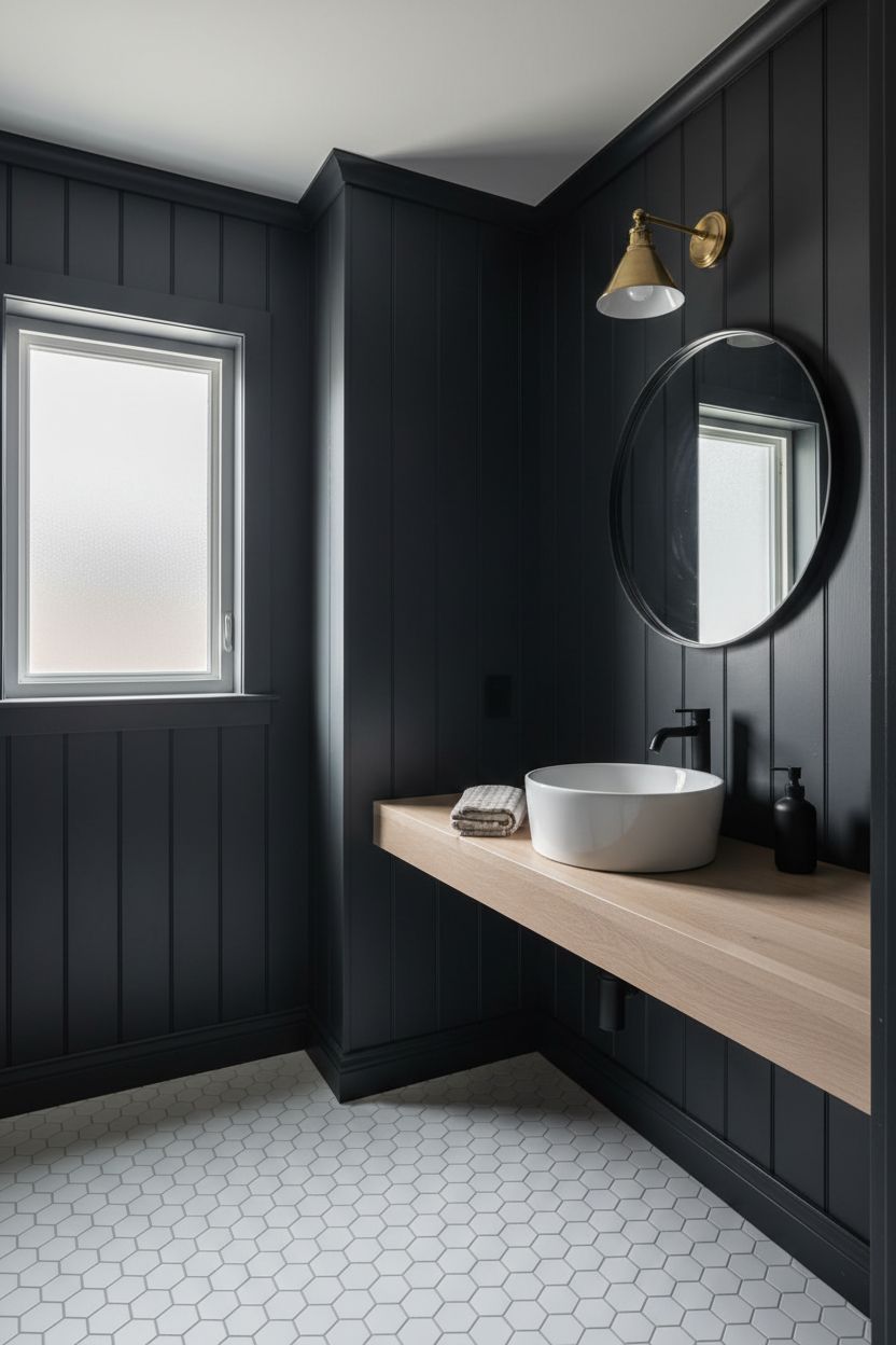 Dark Moody Board and Batten in a Small Powder Room