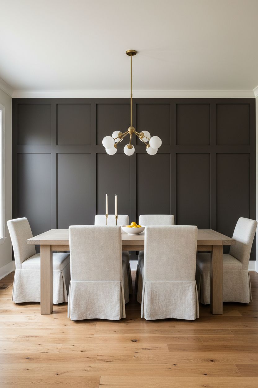 Dark Board and Batten Dining Room Accent Wall for a Moody Dinner Party Vibe