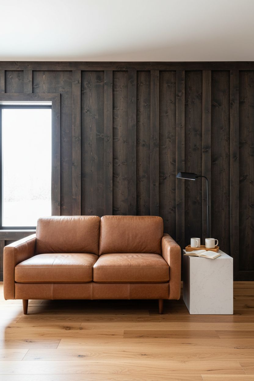 Dark Stained Wood Board and Batten Wall (No Paint Required)