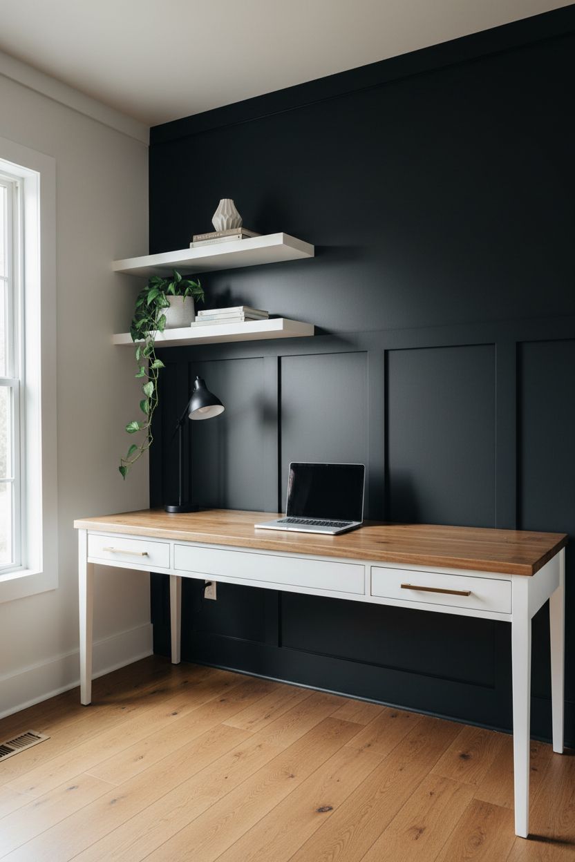 Dark Board and Batten Home Office Wall Behind the Desk
