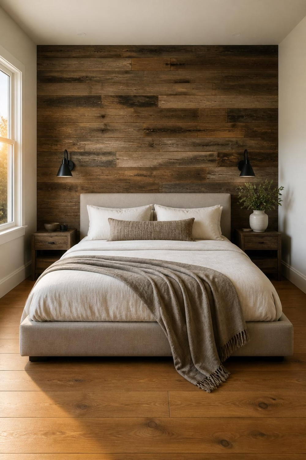 Reclaimed Wood Plank Wall Behind the Headboard for Organic Texture