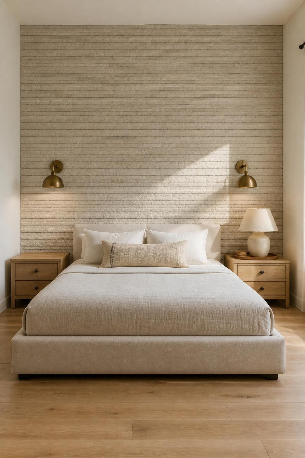 Stone Veneer or Stacked Stone Panel Behind the Bed