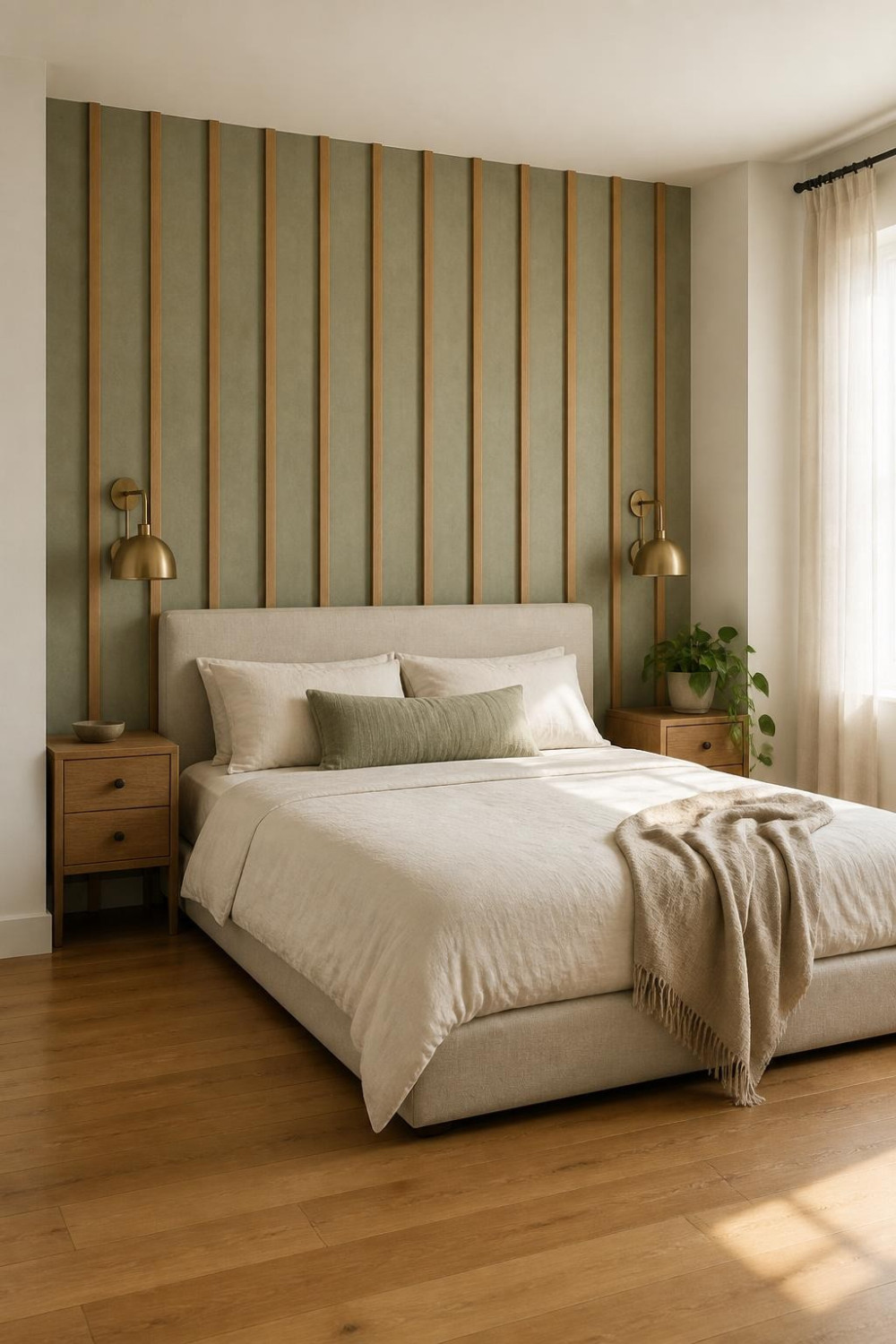Mixed-Material Accent Wall — Wood Slats Over Limewash for Layered Depth