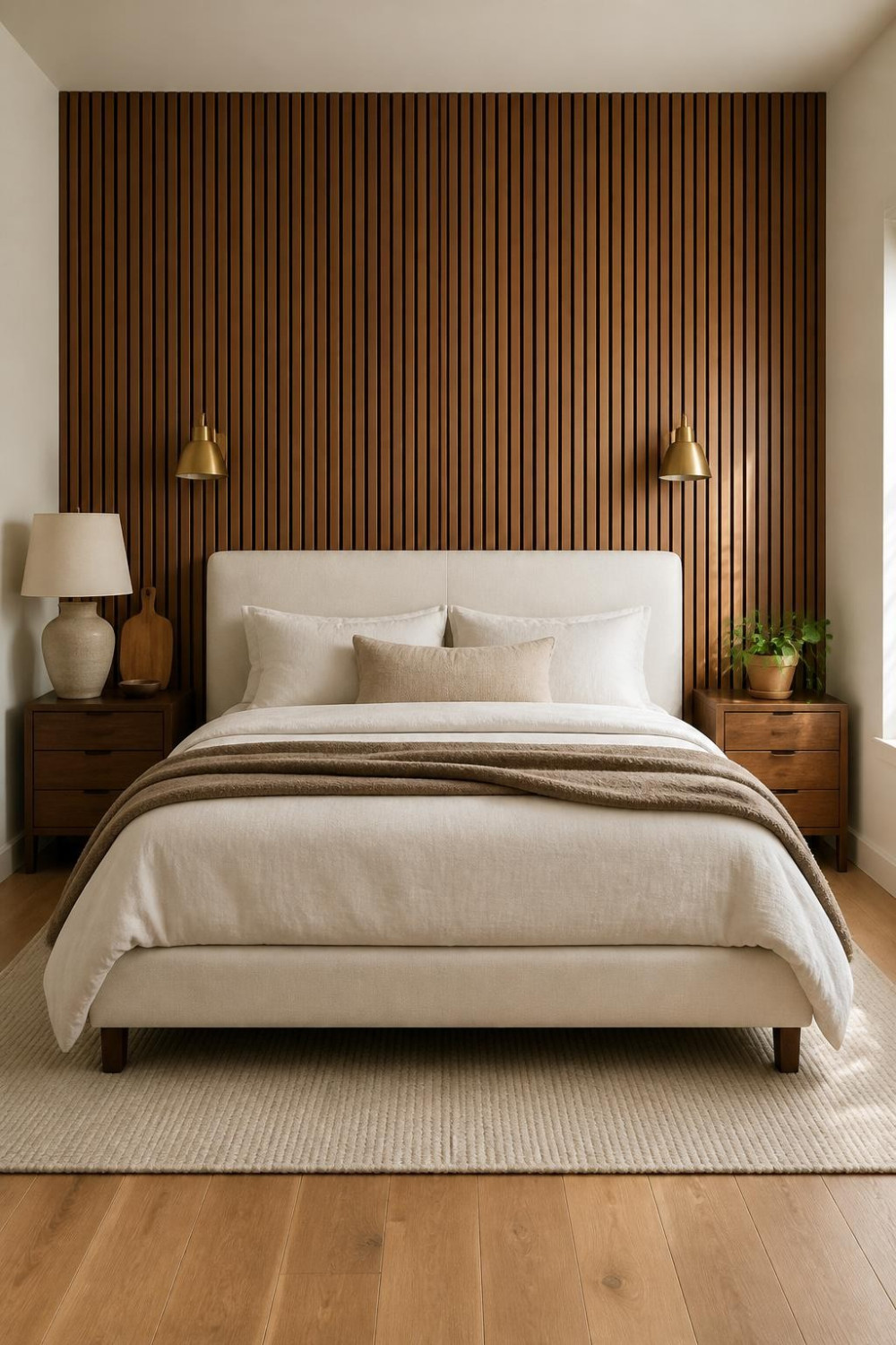 Vertical Wood Slat Panel Wall Behind the Bed