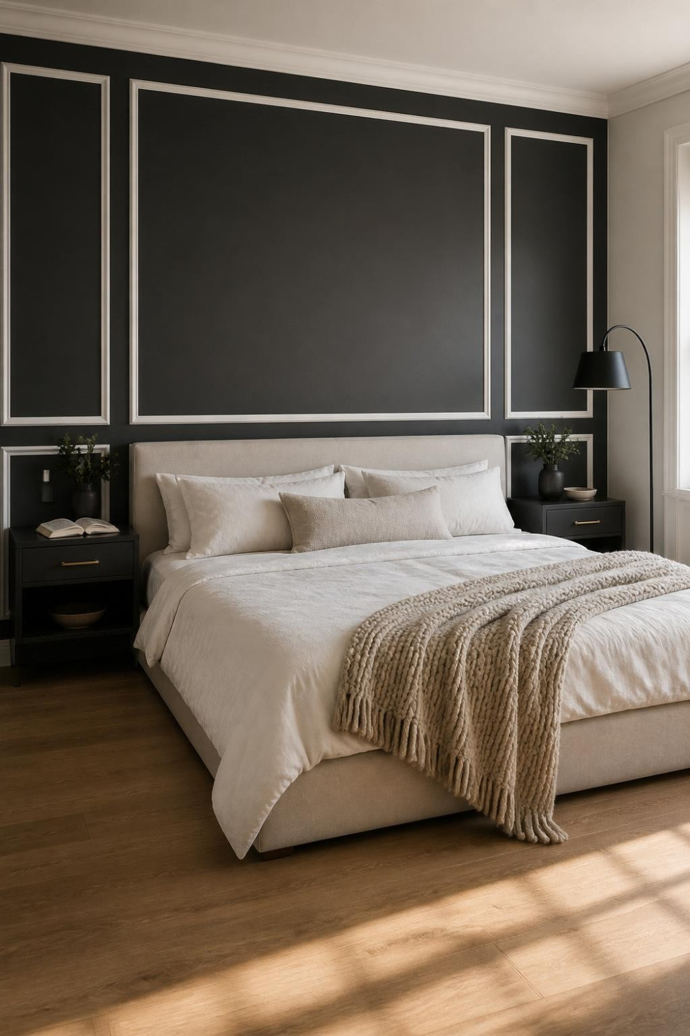 Moody Dark Paint with Architectural Molding — a Classic Bedroom Feature Wall Done Right