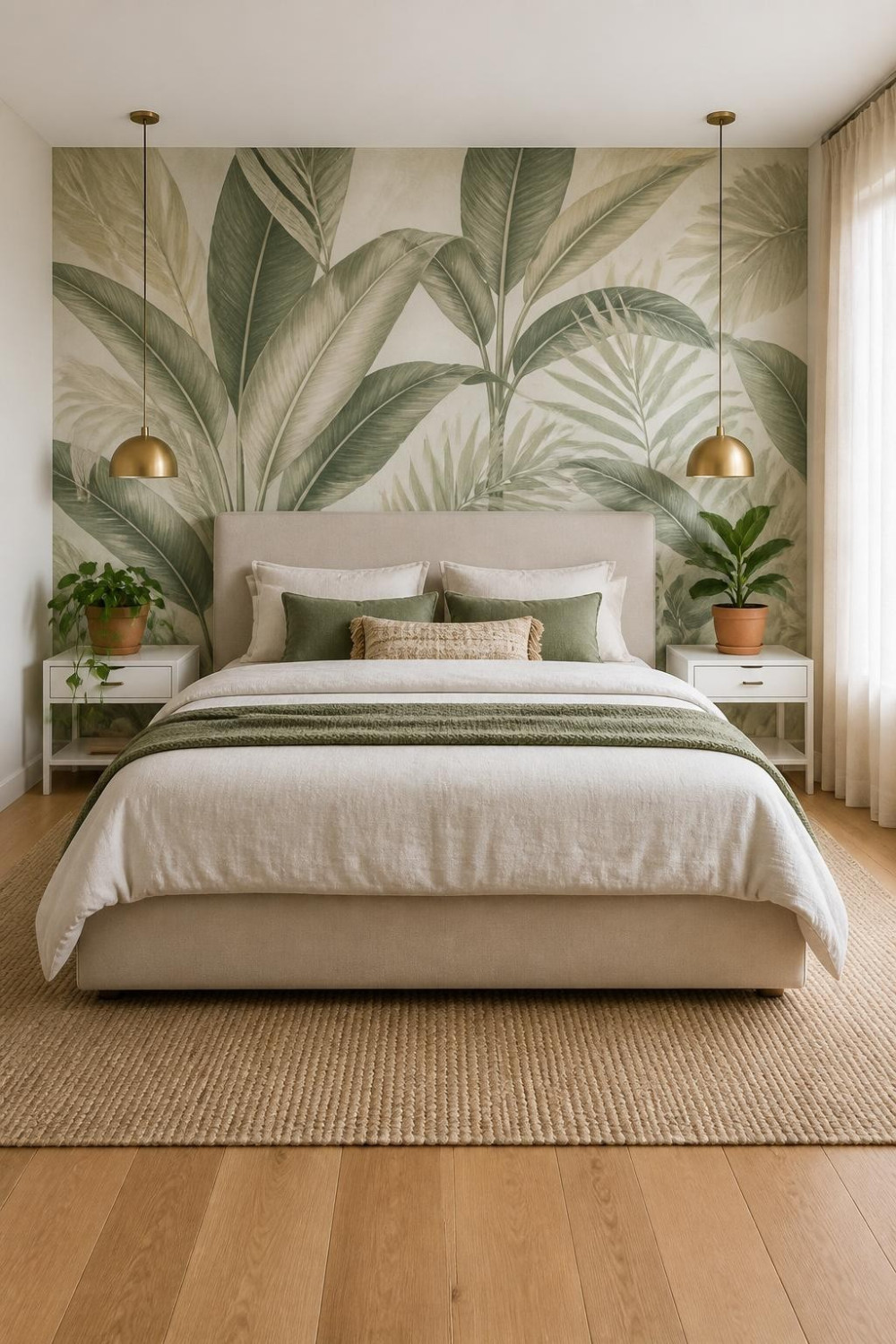 Botanical Wallpaper Mural on the Headboard Wall