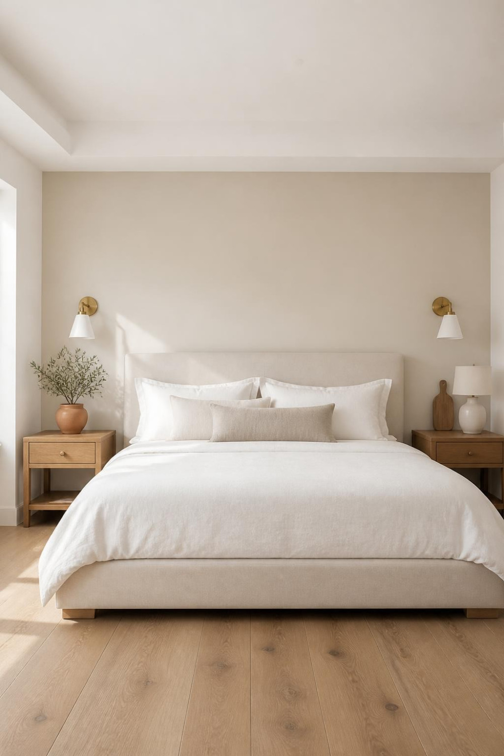 Warm White Color-Blocking With a Tonal Cream Accent Wall