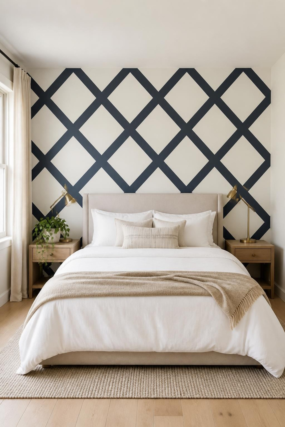 DIY Geometric Diamond Grid Painted Directly on the Accent Wall