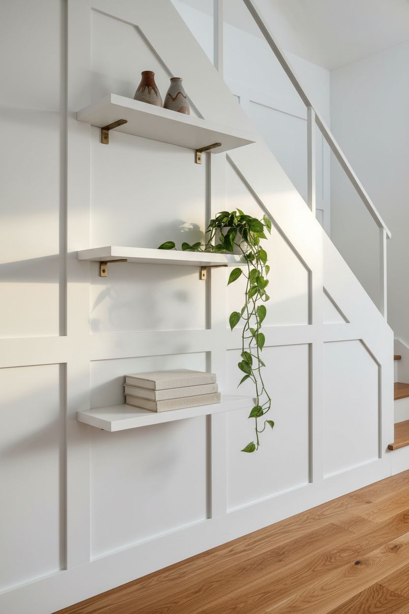Built-In Shelving Integrated with Staircase Wall Paneling
