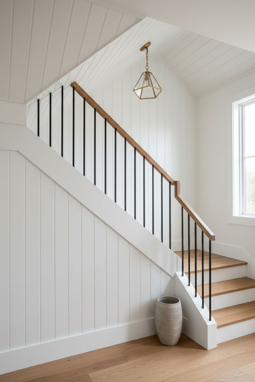 Full-Height Paneling Continuing from Staircase Wall onto the Ceiling
