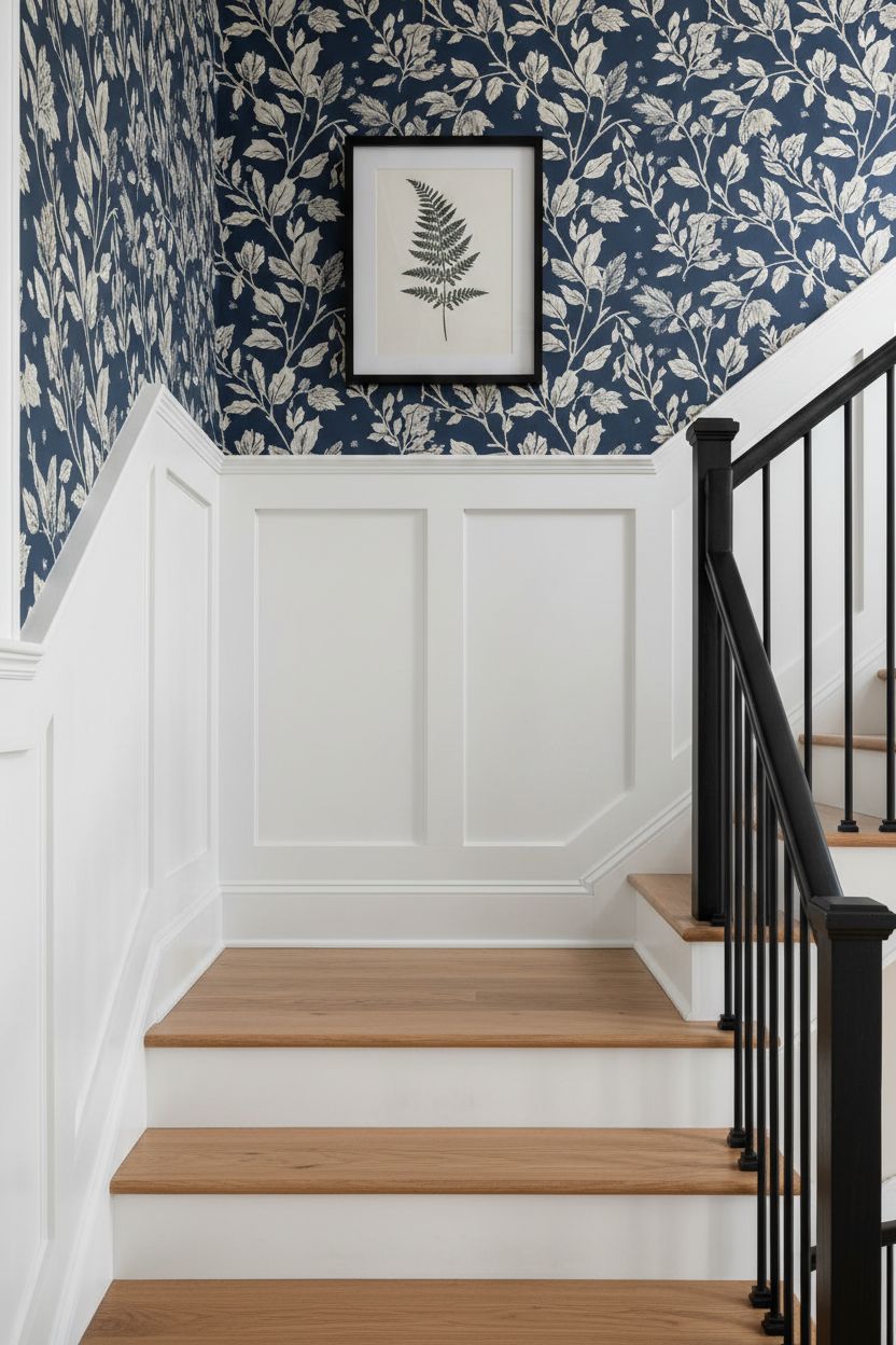 Half-Height Wainscoting with Bold Wallpaper Above