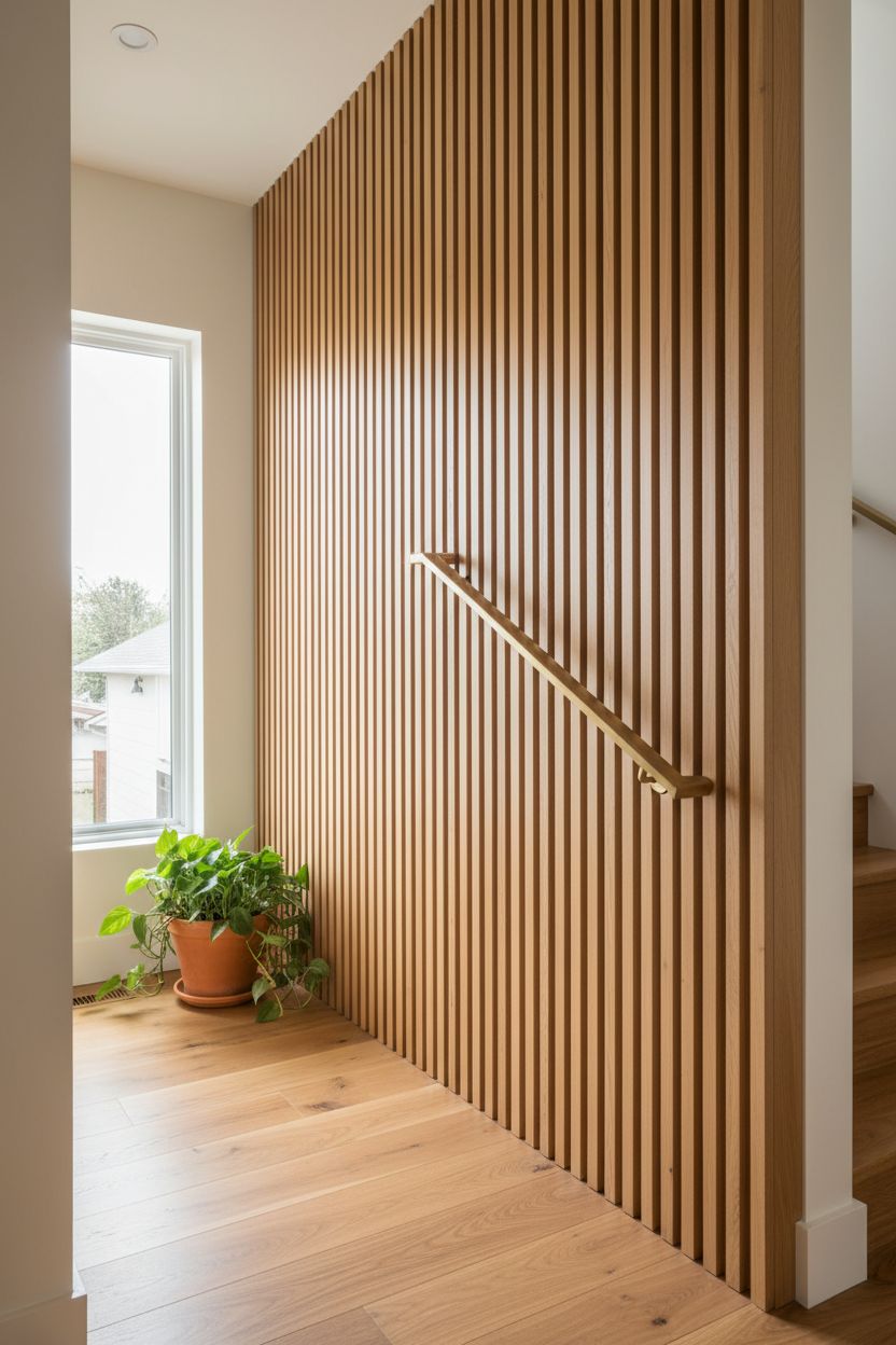 Vertical Wood Slat Feature Wall for a Modern Staircase