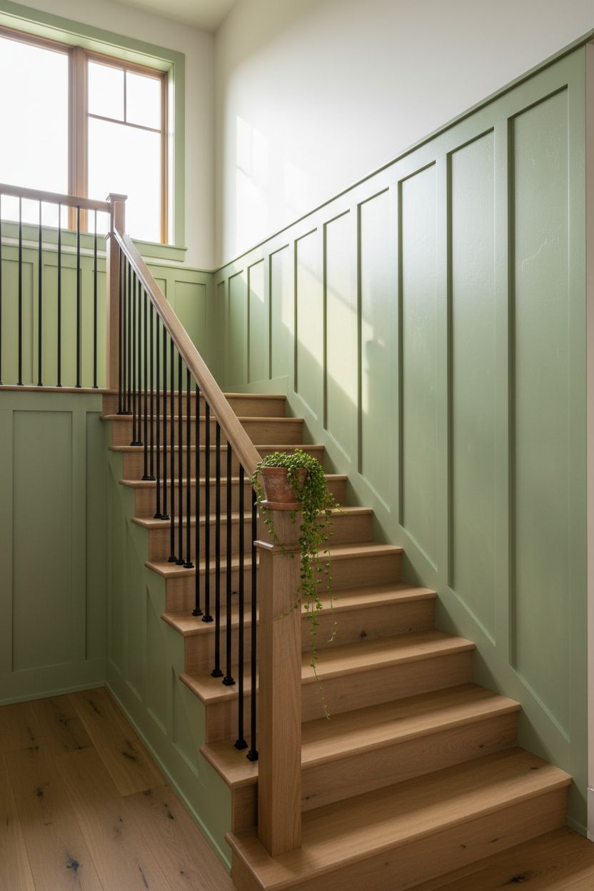 Limewash Plaster Over Board-and-Batten Staircase Paneling