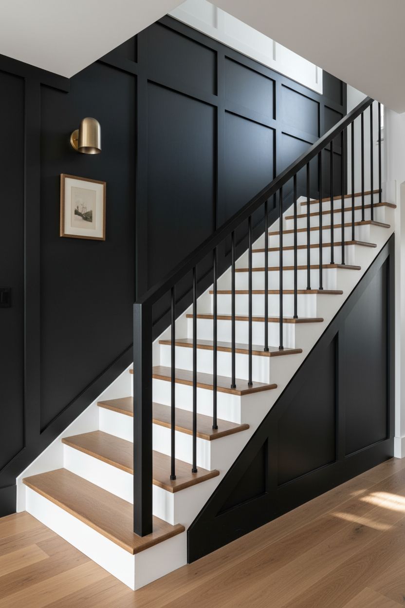 Painted Black Paneling on a White Staircase for High Contrast