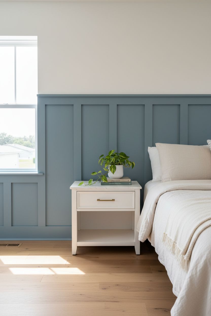 Dusty Blue Panels + Warm White Above for a Coastal-Modern Bedroom