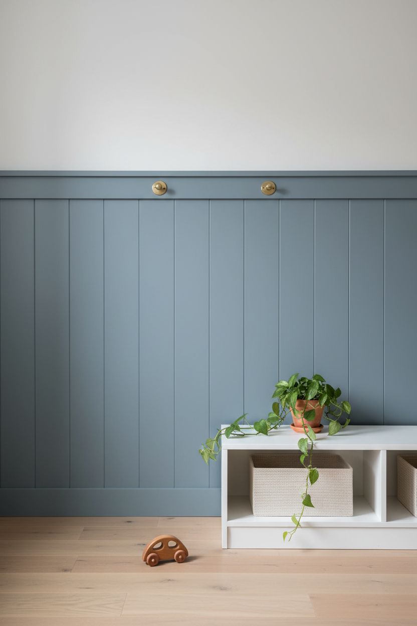 Two Tone Board and Batten in a Kids' Room: Muted Blue-Gray Below + White Above