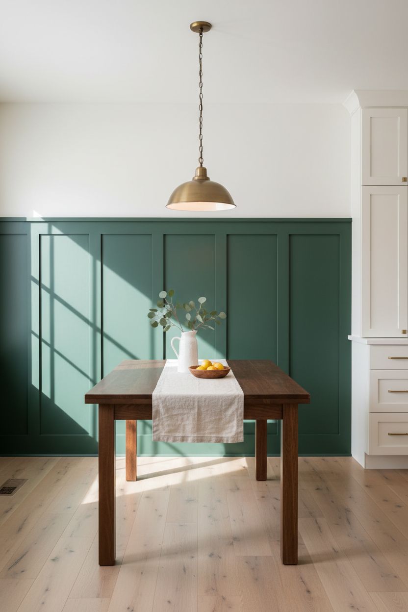 Hunter Green Lower Panel + White Above for a Bold Dining Room Statement