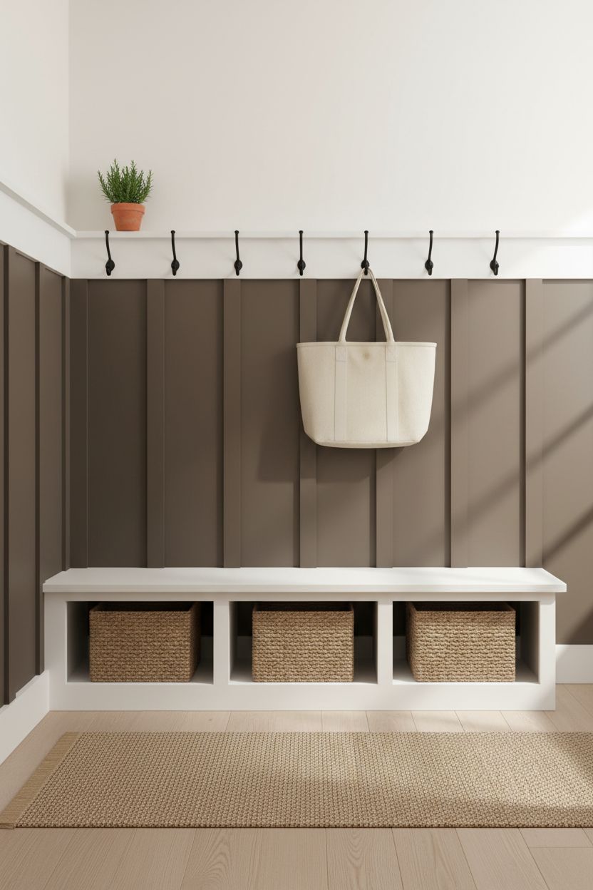 Warm Greige Battens Over a Darker Chocolate Brown Board for a Layered Mudroom