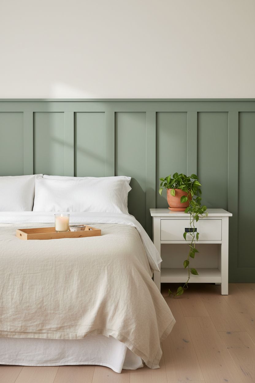 Sage Green Panels + Linen White Above for a Bedroom Accent Wall