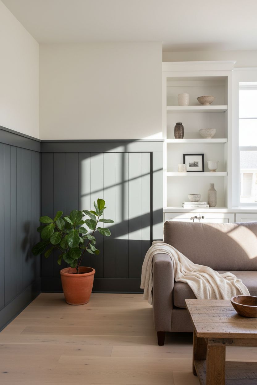 Charcoal Gray Board and Batten with Soft White Above for a Moody Living Room