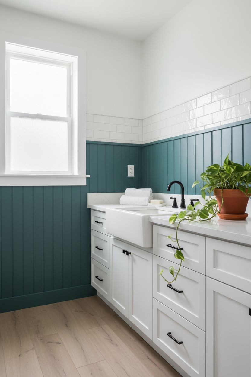 Deep Teal Board and Batten + Fresh White Above for a Bathroom