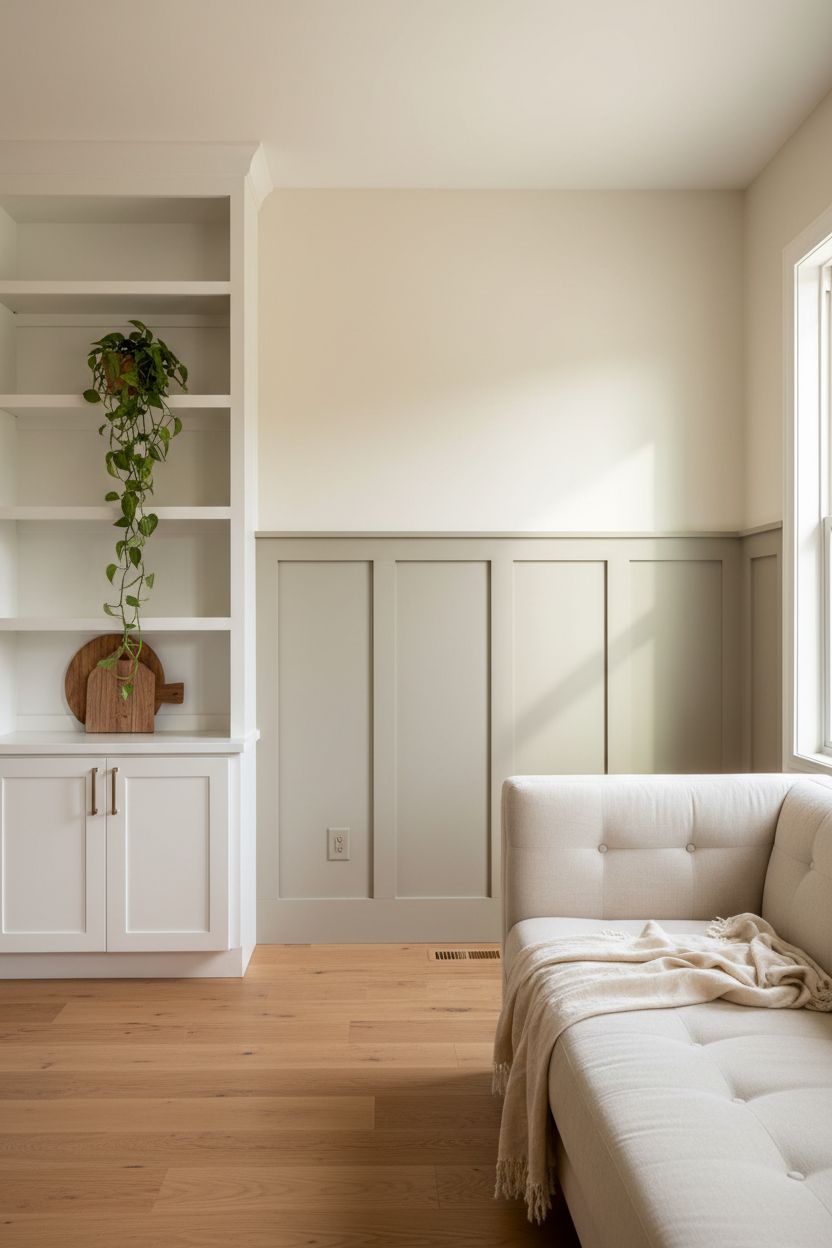 Soft Greige Lower Panel + Warm Cream Above for a Subtle, Whole-Room Look