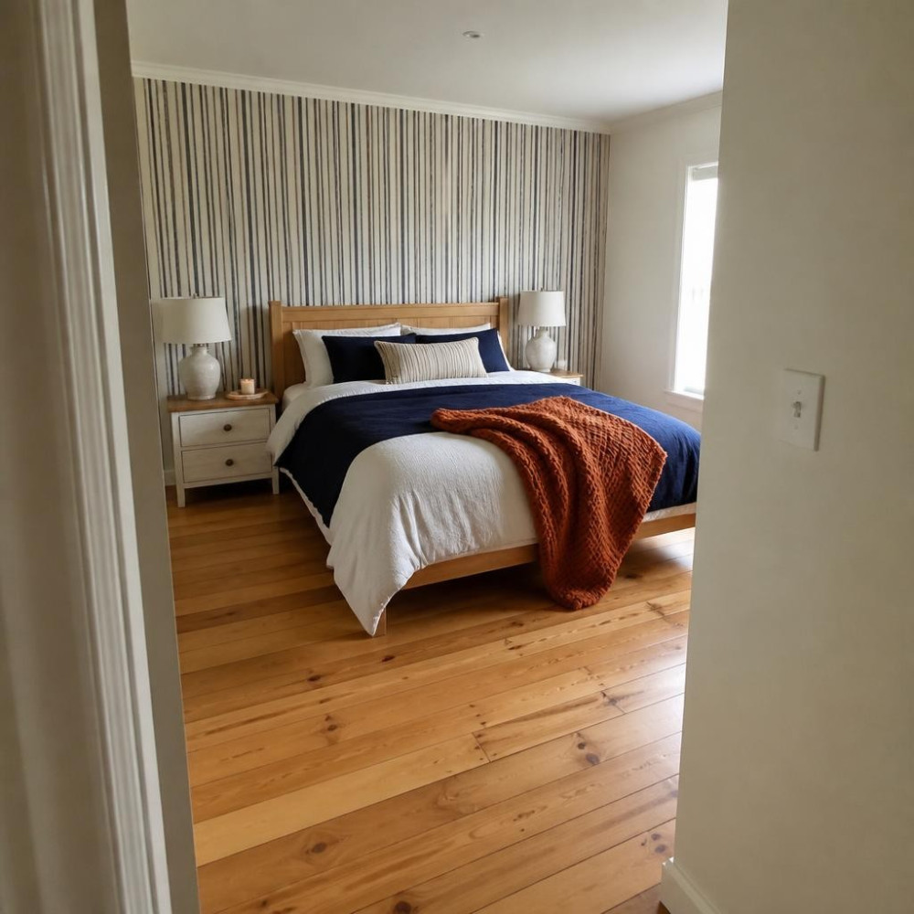 Soft Plaid or Ticking Stripe Wallpaper for a Cozy Cottage-Style Bedroom