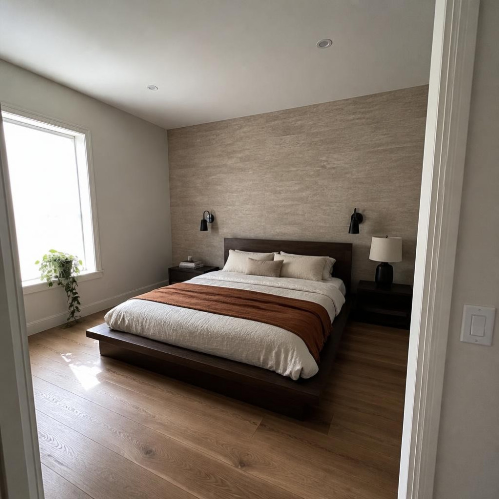 Stone or Concrete Look Wallpaper for a Minimalist Master Bedroom Accent Wall