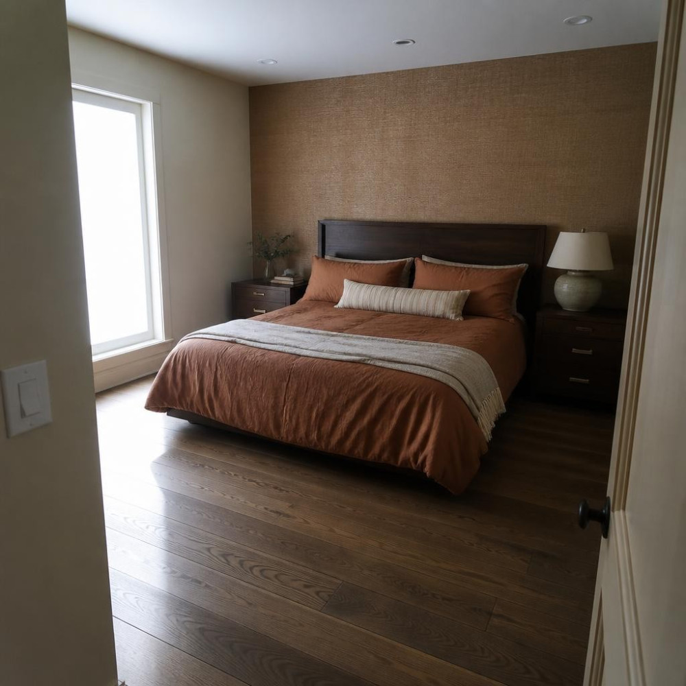 Soft Textured Grasscloth Wallpaper for a Warm Neutral Bedroom
