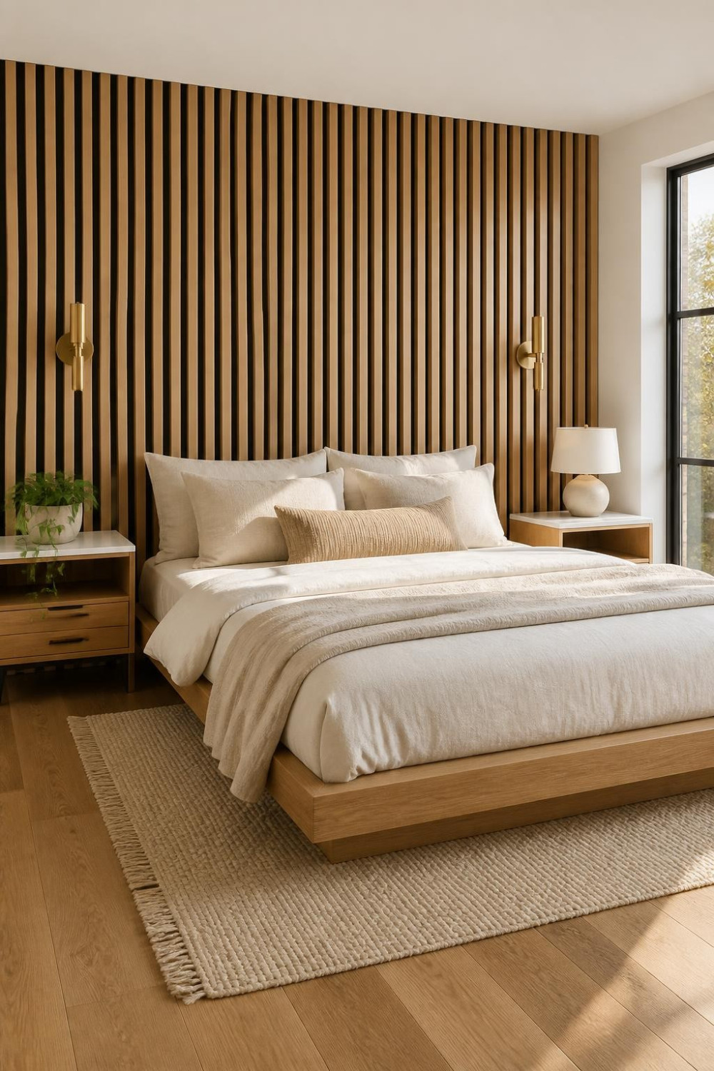 Floor-to-Ceiling Natural Oak Slat Wall as a Built-In Headboard