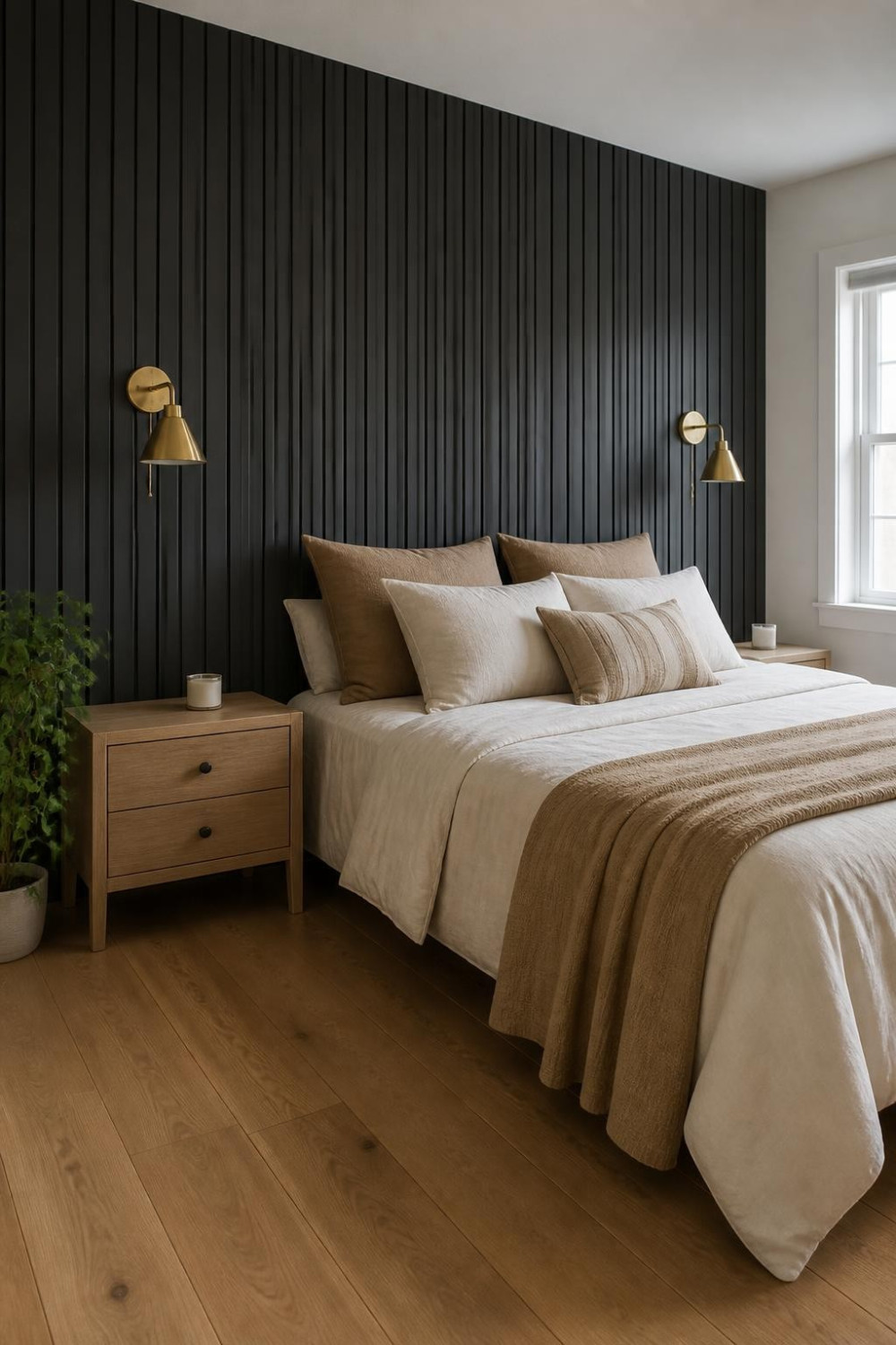 Dark-Painted Slats Matching the Backer Wall for a Tone-on-Tone Effect