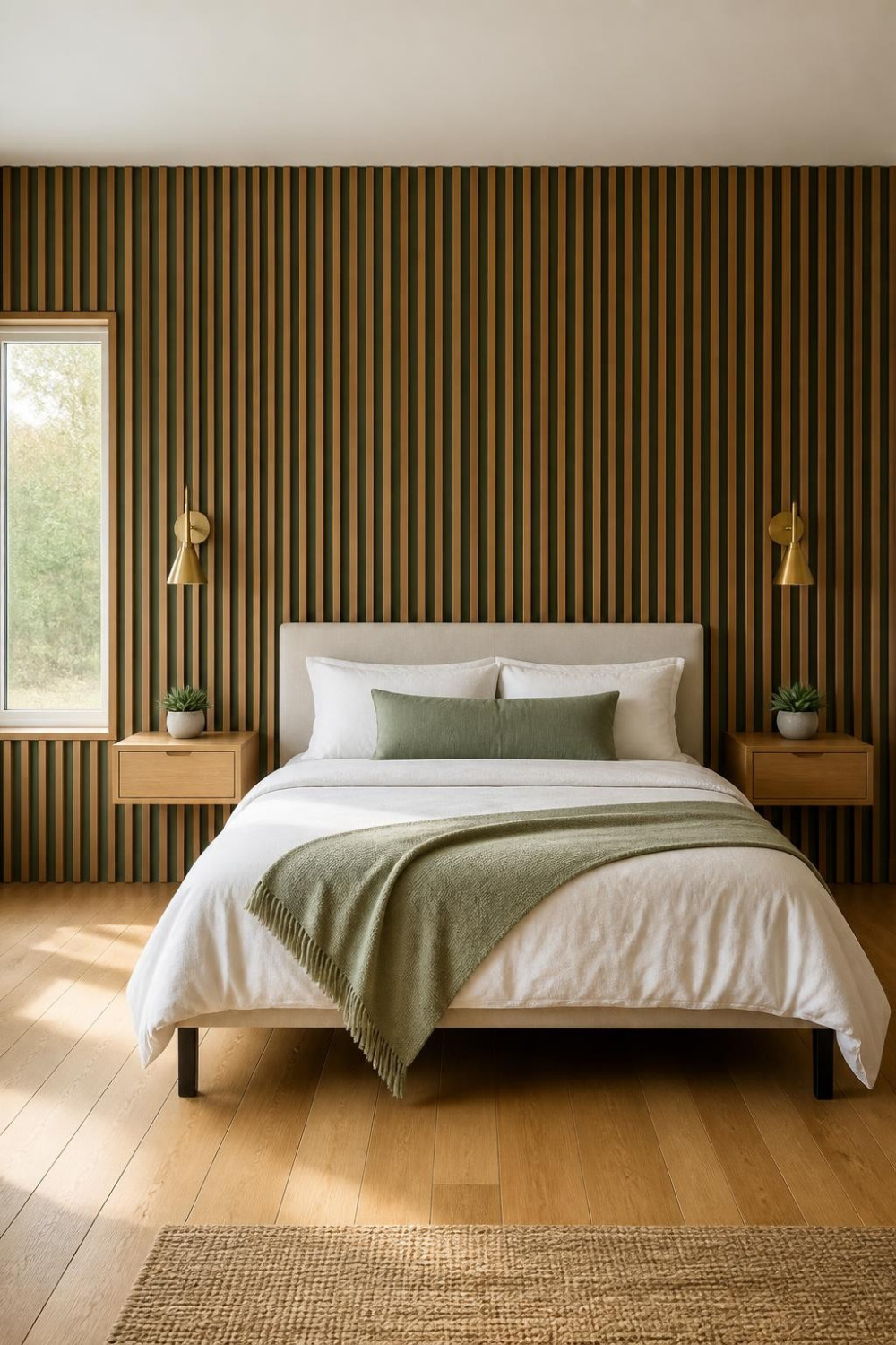 Slat Wall Extended Horizontally Beyond the Bed Frame as a Full Backdrop