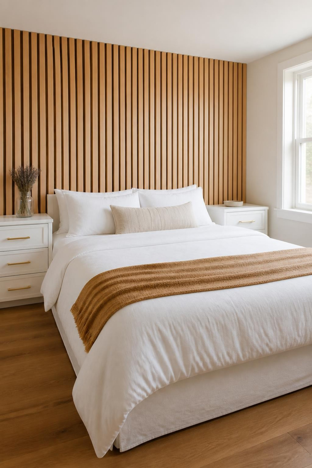 Budget-Friendly Wood Slat Accent Wall Behind Bed Using Furring Strips