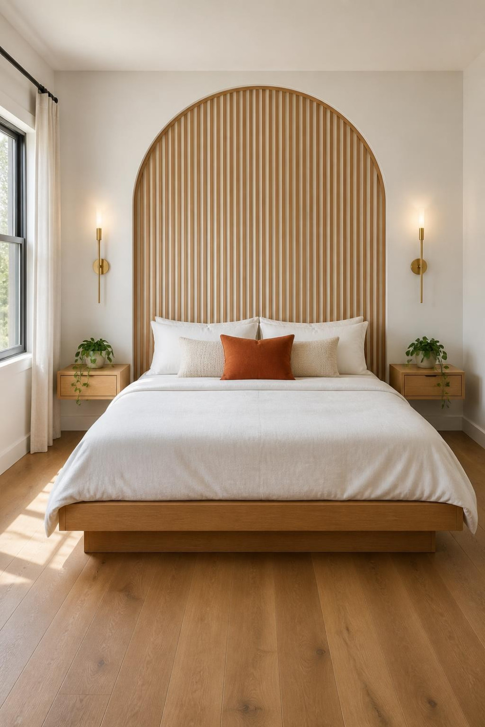 Curved or Arched Wood Slat Headboard Panel as a Sculptural Statement