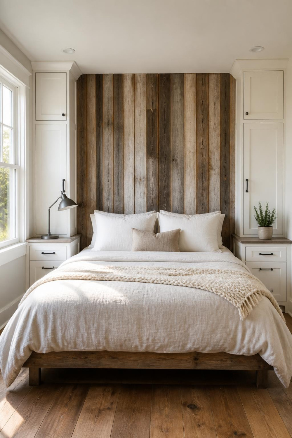 Reclaimed Wood Slat Wall Behind the Bed for Rustic Warmth