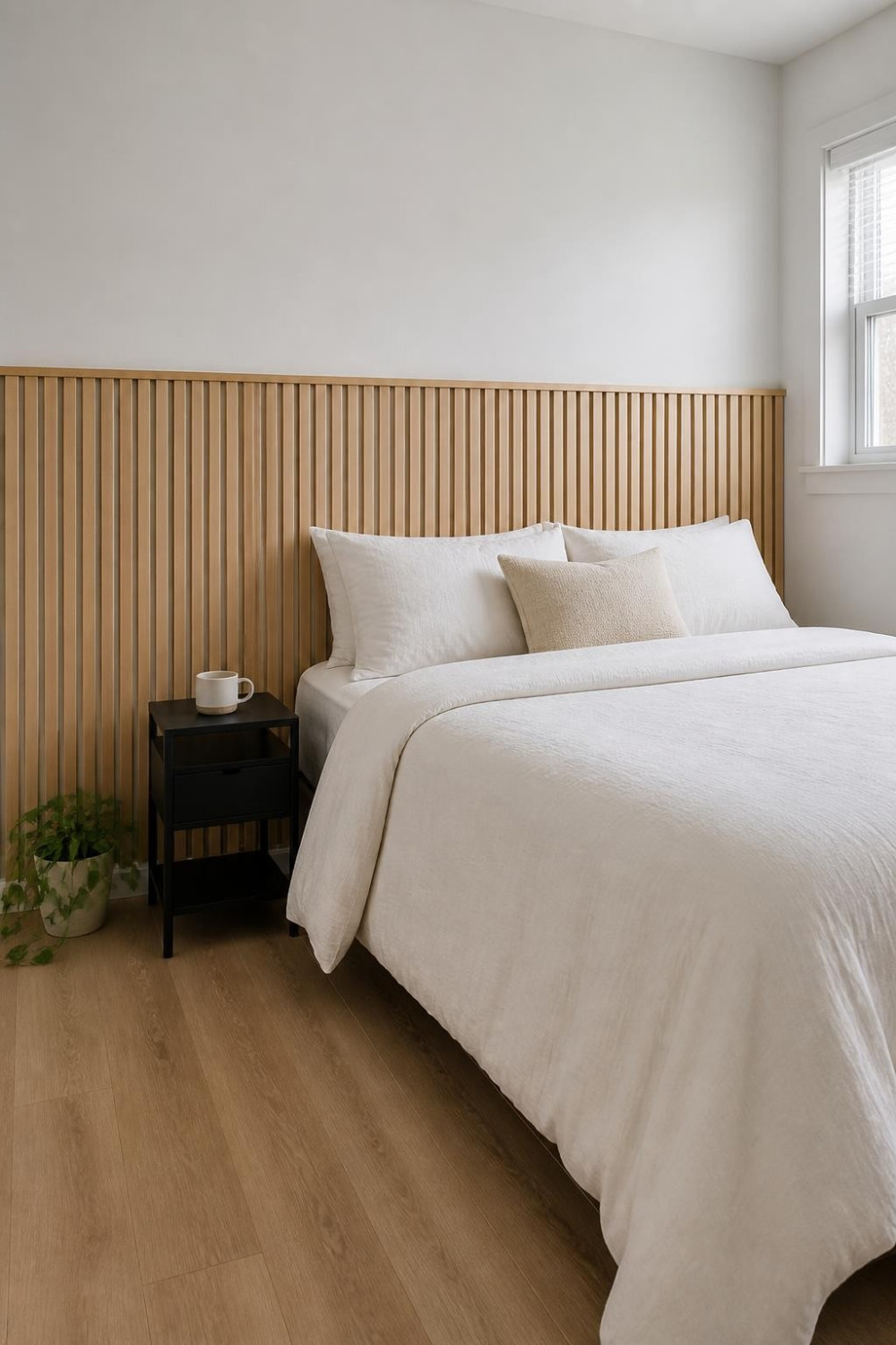 Slat Wall in a Small Bedroom: Half-Wall Height Behind the Bed