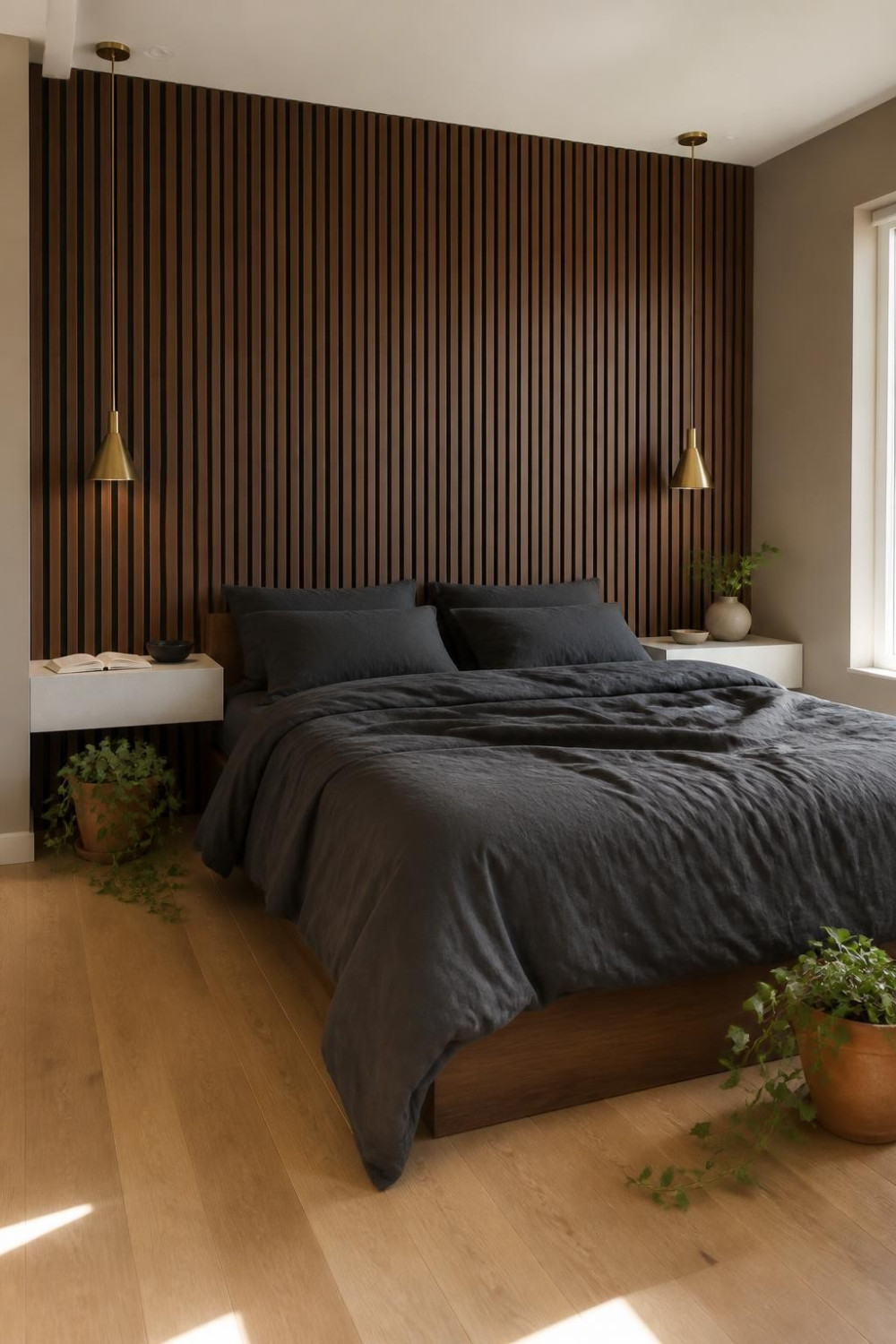 Smoked Walnut Slats for a Moody, Hotel-Inspired Bedroom