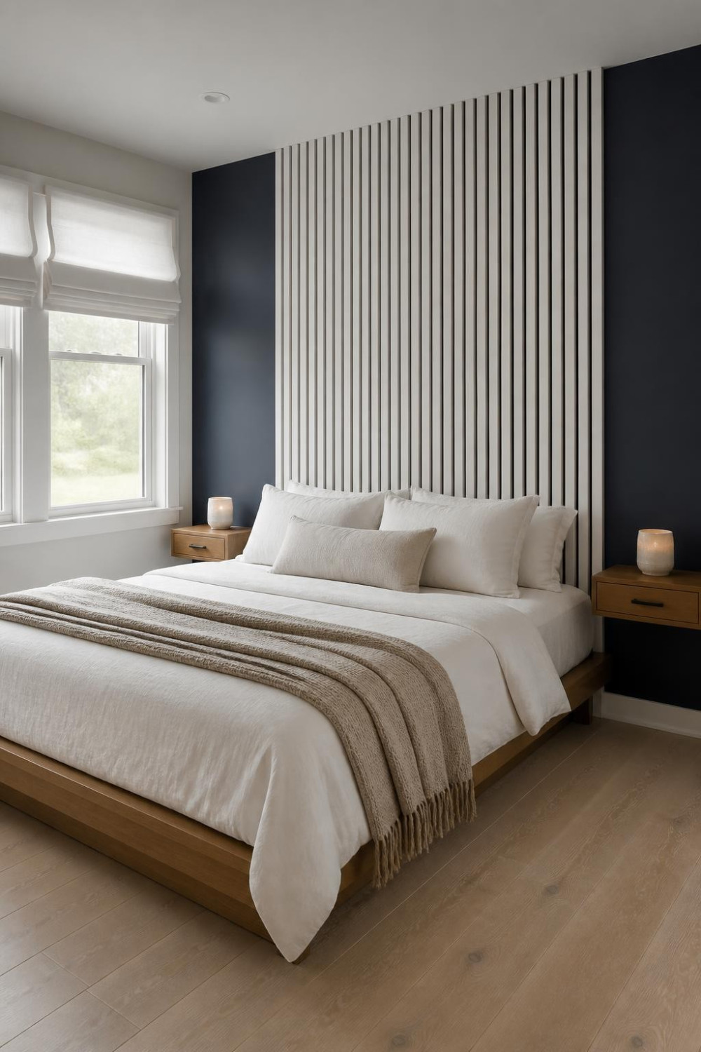 Painted White Slats on a Dark Wall for a Scandinavian Bedroom