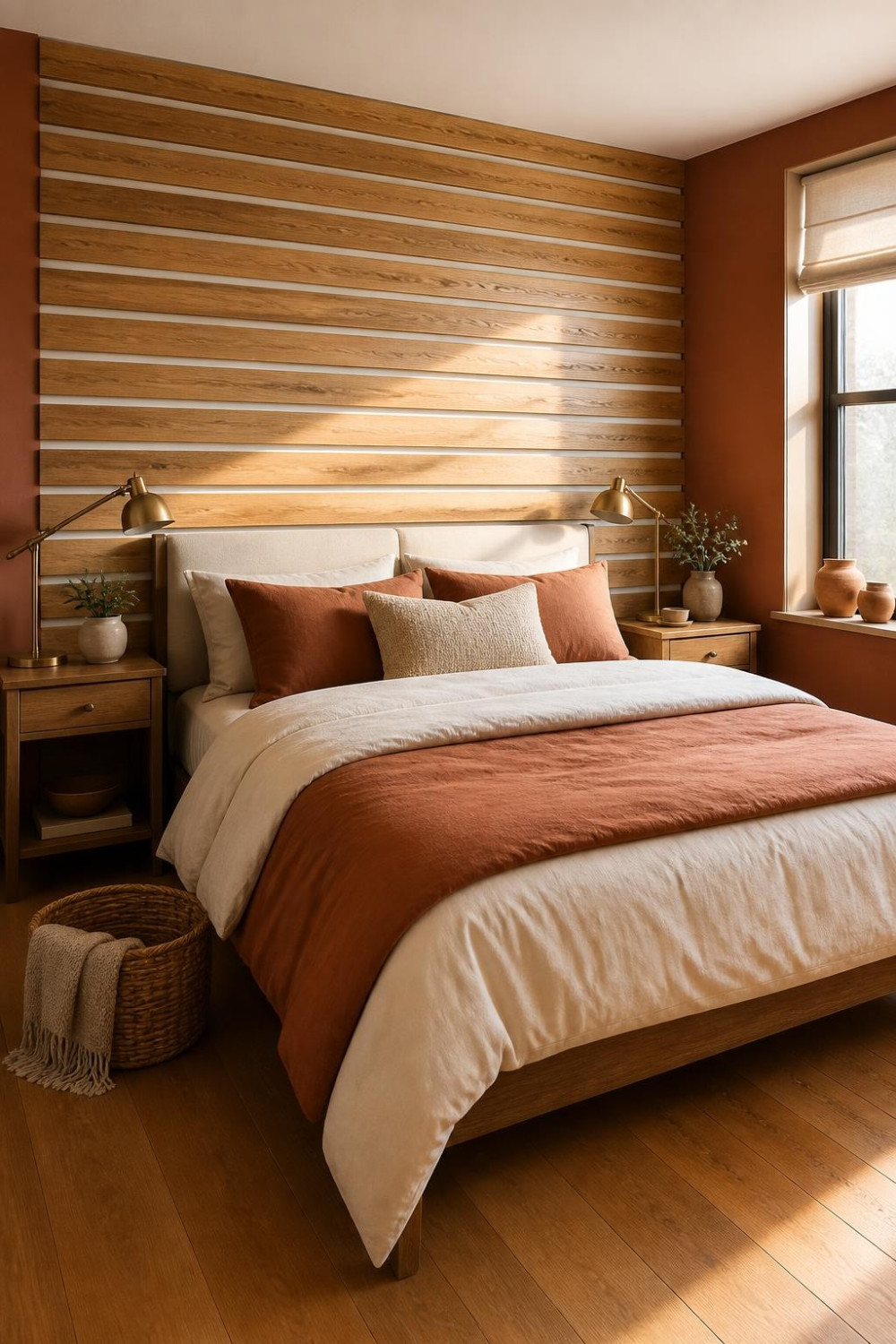 Horizontal Wood Slat Headboard Wall for a Low, Wide Bedroom