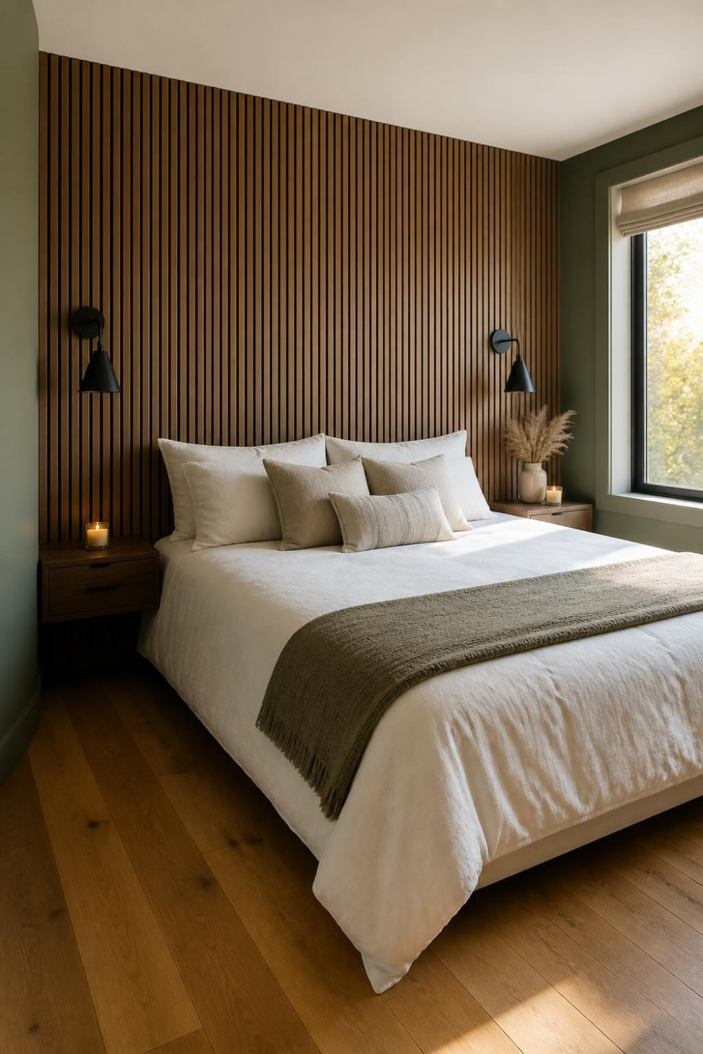 Acoustic Wood Slat Panels with Felt Backing Behind the Bed