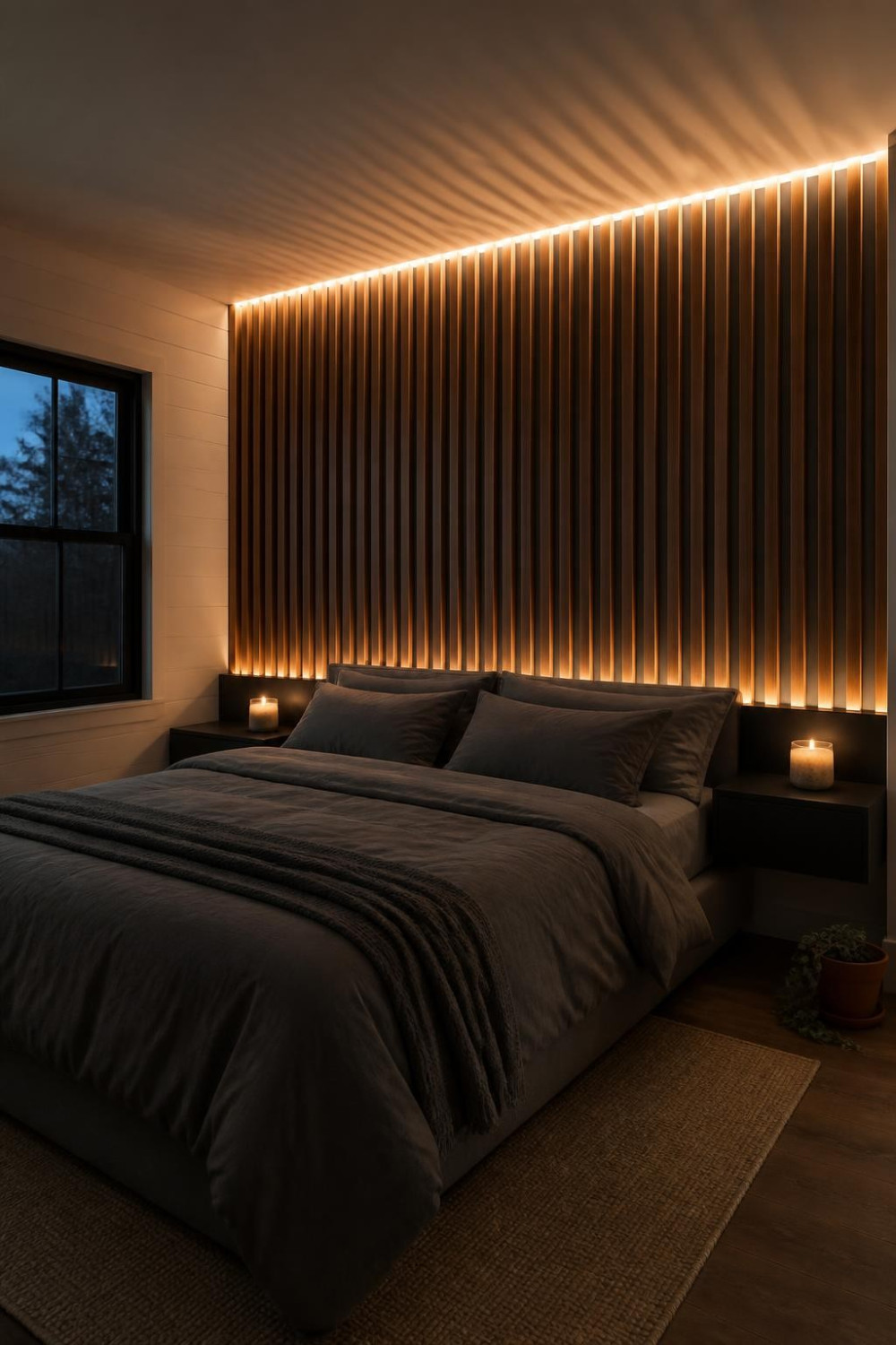 Slat Wall with Integrated LED Strip Lighting Behind the Bed