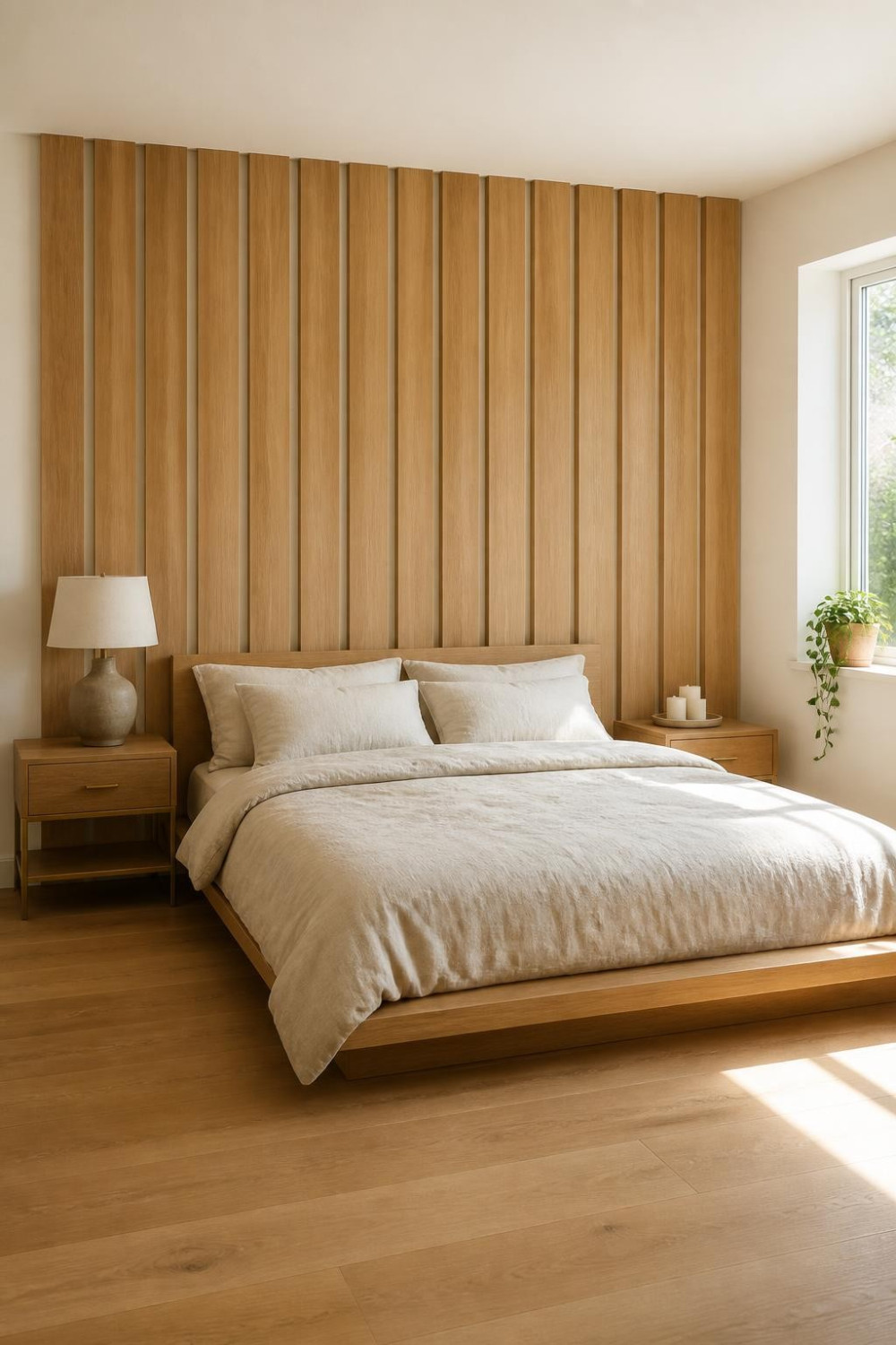 Wide-Plank White Oak Slats for a Warm Minimalist Bedroom