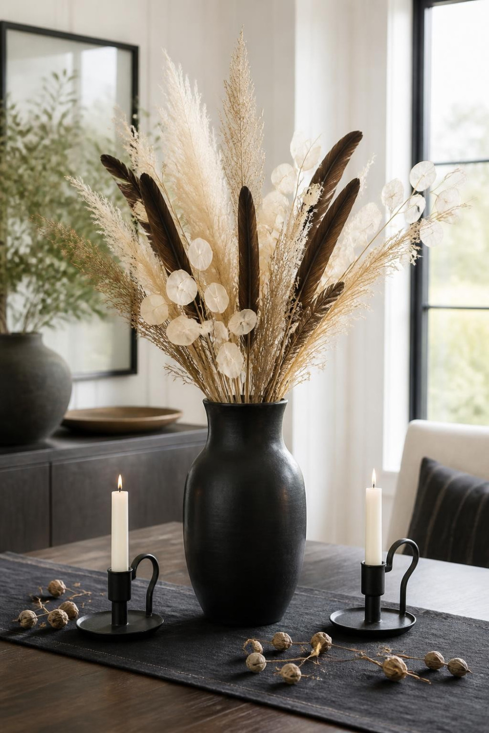 Dried Botanicals in a Tall Black Vase