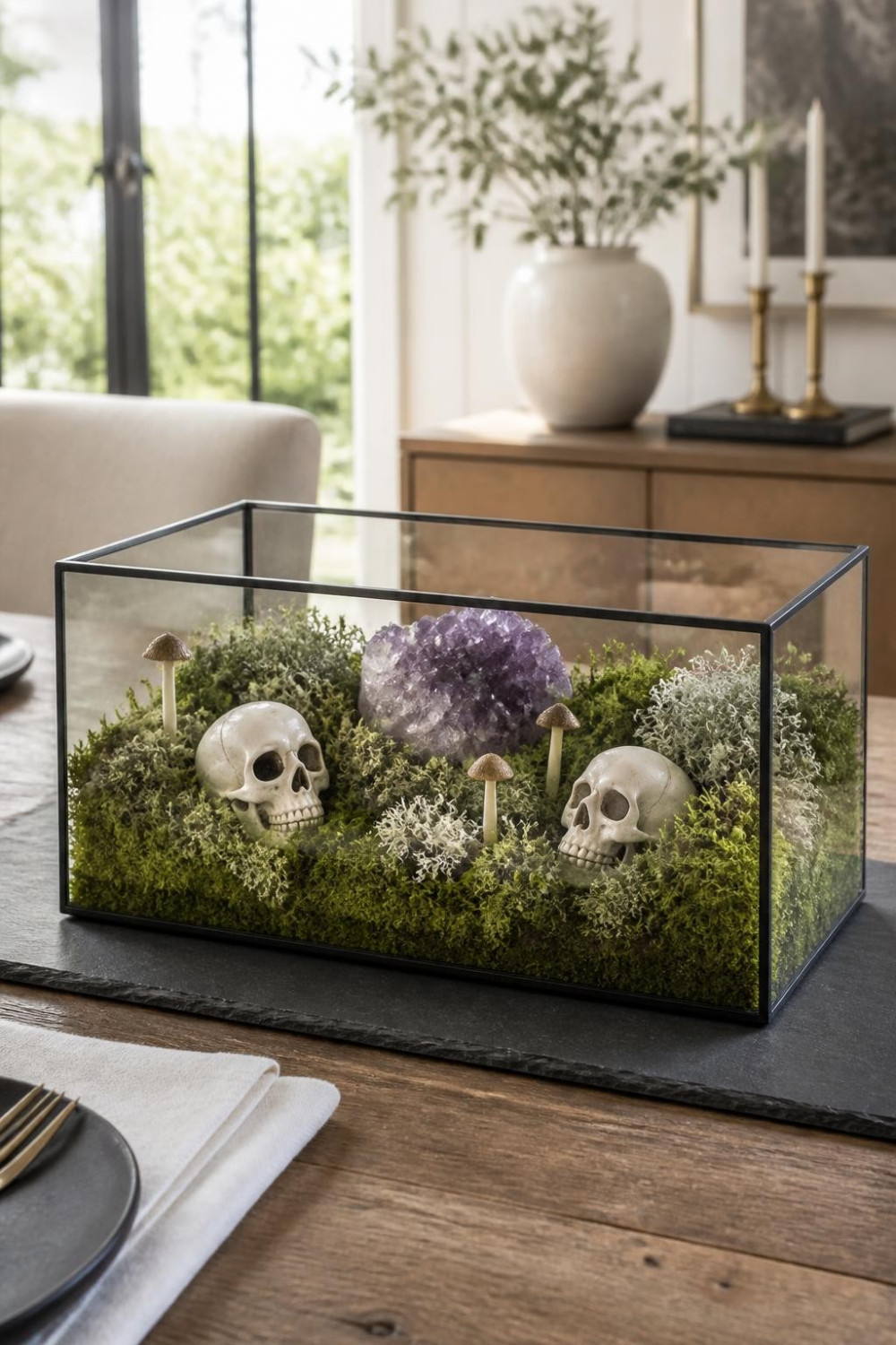 Mossy Skull Terrariums as a Centerpiece for Halloween