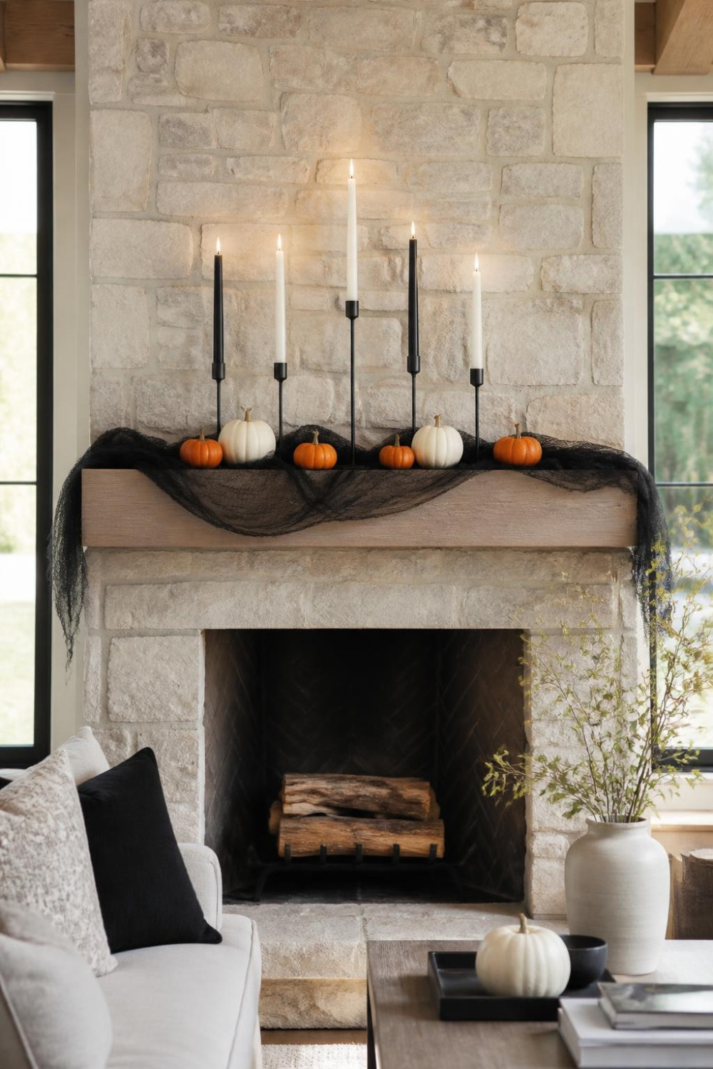 Layered Pumpkin and Taper Candle Vignette on the Mantel