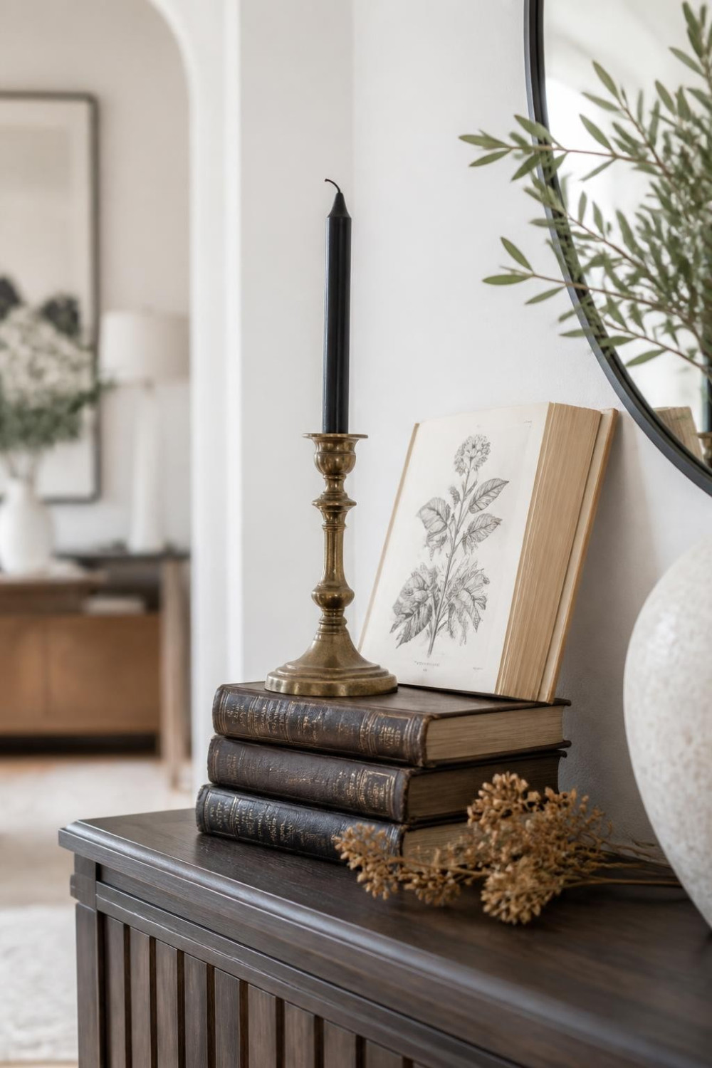 Vintage Candle Holders and Spell Book Stack