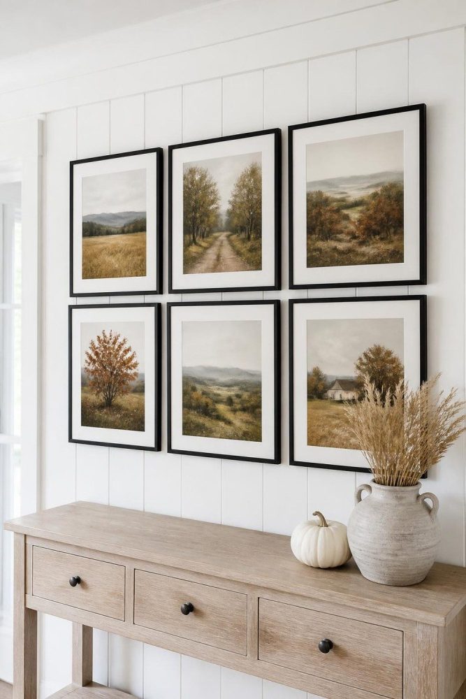 Black frame fall gallery wall of vintage autumn landscape prints on white shiplap above an oak console