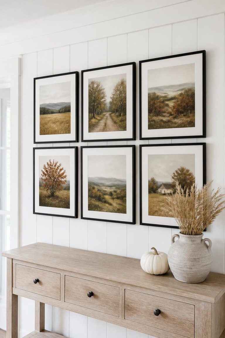 Black frame fall gallery wall of vintage autumn landscape prints on white shiplap above an oak console