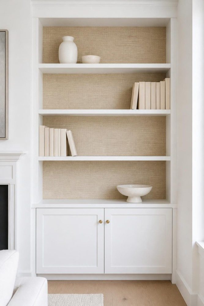 Living room built-in bookcase with sand grasscloth wallpaper on the shelf backs and sparse cream decor
