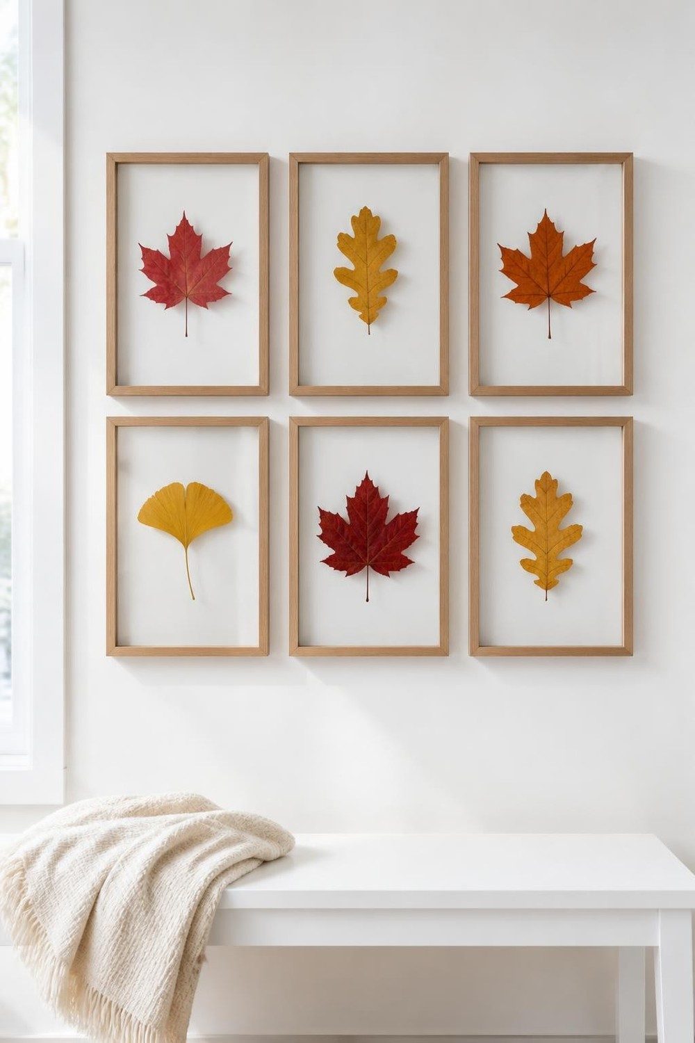 Grid of oak floating frames each holding a pressed red, yellow or orange autumn leaf